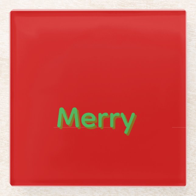 Merry Green Name on Red Glass Coaster (Front)