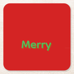 Merry Green Name on Red Square Paper Coaster