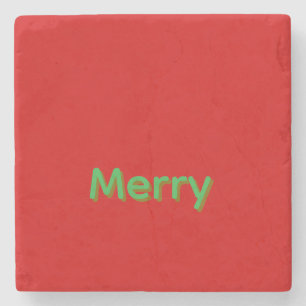 Merry Green Name on Red Stone Coaster