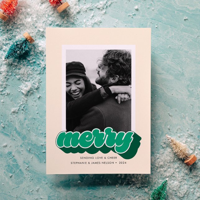 Merry Green Retro Script Christmas Photo Holiday Card (Creator Uploaded)