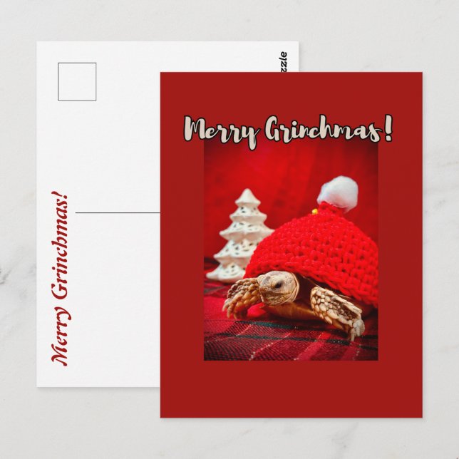 Merry Grinchmas baby sulcata tortoise in a red hat Postcard (Front/Back)