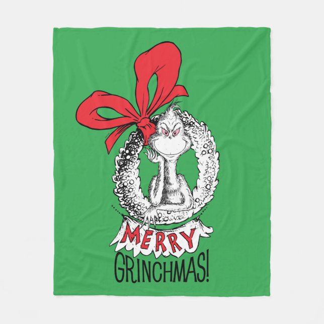 Merry Grinchmas Wreath Grinch Fleece Blanket (Front)