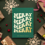 Merry Groovy Wavy Green Typography Christmas Foil Holiday Card<br><div class="desc">Merry Merry Merry Merry Christmas Card: a retro design,  with a wavy vintage typography in gold foil and a green background.</div>