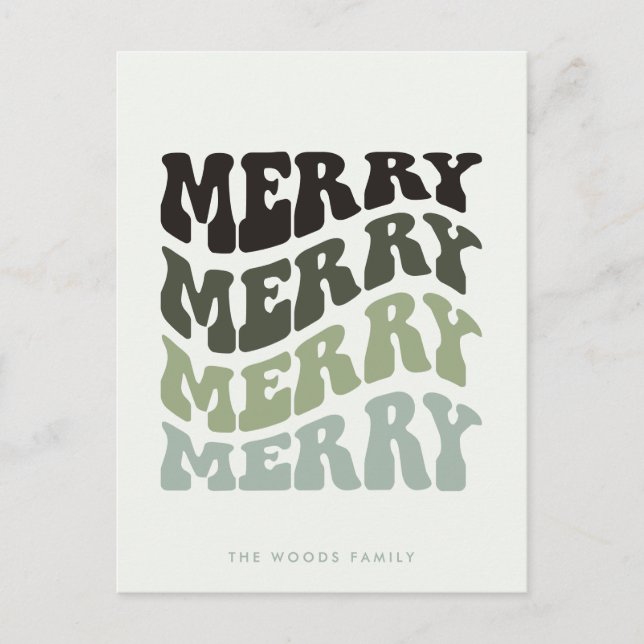 Merry Groovy Wavy Green Typography Christmas Holiday Postcard (Front)