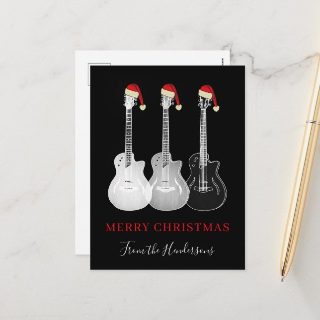 Merry guitar Christmas black and white  Holiday Postcard (Front/Back In Situ)
