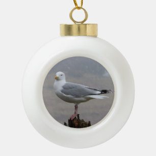Merry "Gully" Christmas Seagull in Snow Ceramic Ball Christmas Ornament