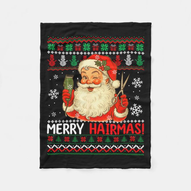 Merry Hairmas Christmas Sweater Santa Hairstylist  Fleece Blanket (Front)