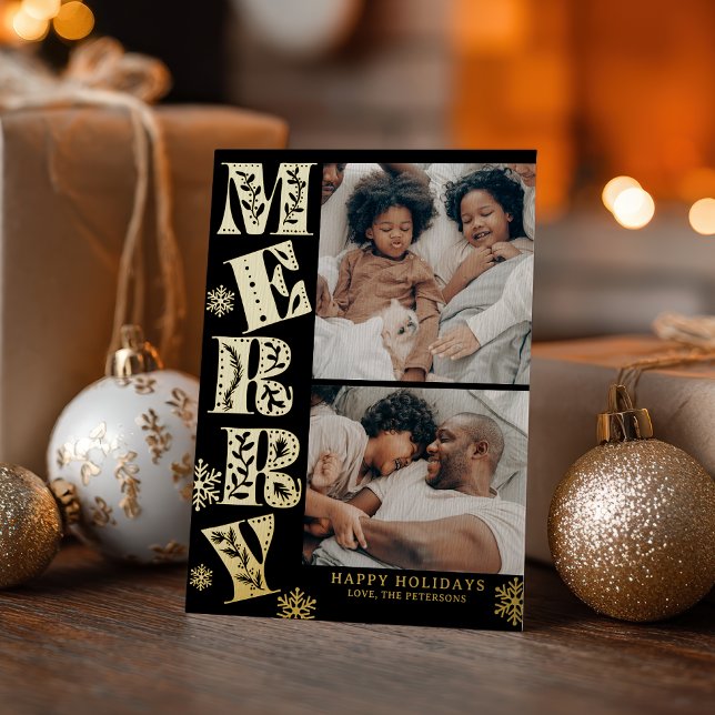 Merry Hand drawn Christmas 2 Photo Foil Holiday Card (Merry Hand drawn Christmas 2 Photo Foil Holiday Card)