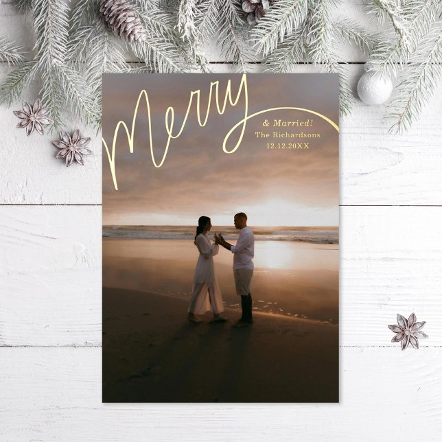 Merry Hand Lettering Wedding Photo Foil Holiday Card (Creator Uploaded)