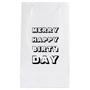 Merry Happy Birthday black white modern Christmas Small Gift Bag