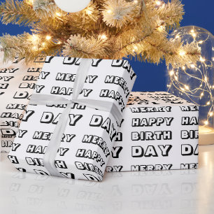 Merry Happy Birthday black white modern Christmas Wrapping Paper