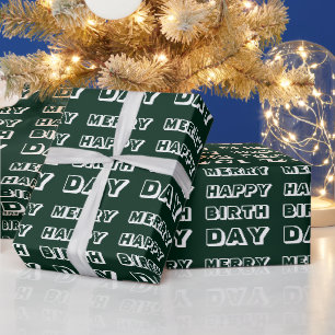 Merry Happy Birthday dark green modern Christmas Wrapping Paper