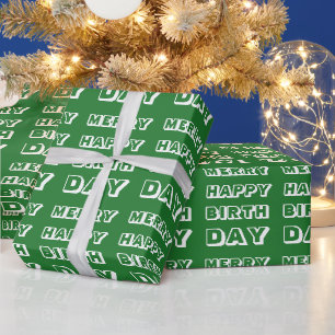 Merry Happy Birthday green white modern Christmas Wrapping Paper