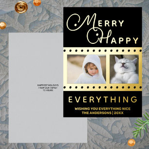 Merry Happy Chic 2 Photo Word Art Black Gold Foil Holiday Card