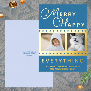 Merry Happy Chic 2 Photo Word Art Blue Gold Foil Holiday Card