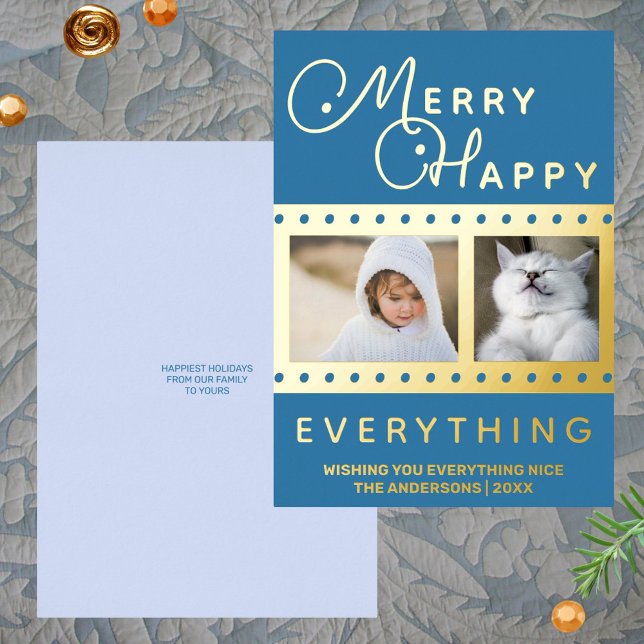 Merry Happy Chic 2 Photo Word Art Blue Gold Foil Holiday Card (These blue and real gold foil Christmas cards feature your photos & MERRY HAPPY EVERYTHING holidays)