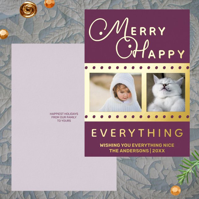 Merry Happy Chic 2 Photo Word Art Purple Gold Foil Holiday Card (Real gold foil printed Christmas cards in dark purple highlight your photos)