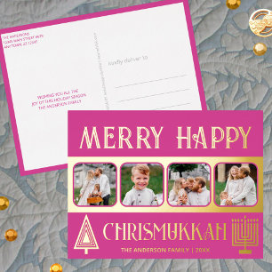 Merry Happy Chrismukkah 4 Photo Berry Pink Gold Foil Holiday Postcard