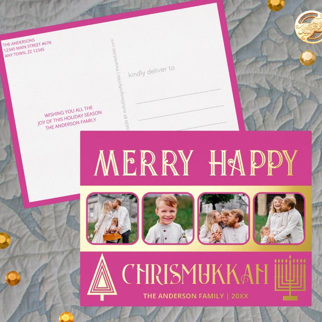 Merry Happy Chrismukkah 4 Photo Berry Pink Gold Foil Holiday Postcard (These pink 4 photo holiday postcards with real gold foil printing are easy to personalize)
