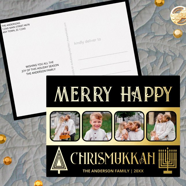 Merry Happy Chrismukkah 4 Photo Black And Gold Foil Holiday Postcard (Merry Happy Chrismukkah holiday postcards with real gold foil printing are a thoughtful touch)