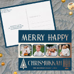 Merry Happy Chrismukkah 4 Photo Blue And Rose Gold Foil Holiday Postcard<br><div class="desc">Create your own luxe real rose gold foil holiday greeting postcards with this simple yet elegant four photo design in dark blue and rose gold with a stylised tree for Christmas and a minimalist Menorah for Hanukkah. Merry Happy Chrismukkah! Add your four favourite photos using the simple template uploader and...</div>