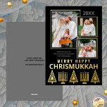 Merry Happy Chrismukkah Chic 3 Photo Gold Foil Holiday Card<br><div class="desc">Personalised photo greeting cards printed with real gold foil add a touch of luxury to your holiday mailings. Easy to customise, just add your three photos where they will appear slightly overlapping with thin gold borders on the solid black background. Edit the year at the top and your name and...</div>