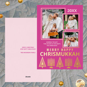 Merry Happy Chrismukkah Chic 3 Photo Pink Gold Foil Holiday Card