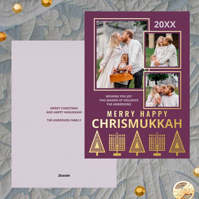 Merry Happy Chrismukkah Chic 3 Photo Purple Gold Foil Holiday Card (Add the elegance of real gold foil printing and your photos to your holiday greeting cards)