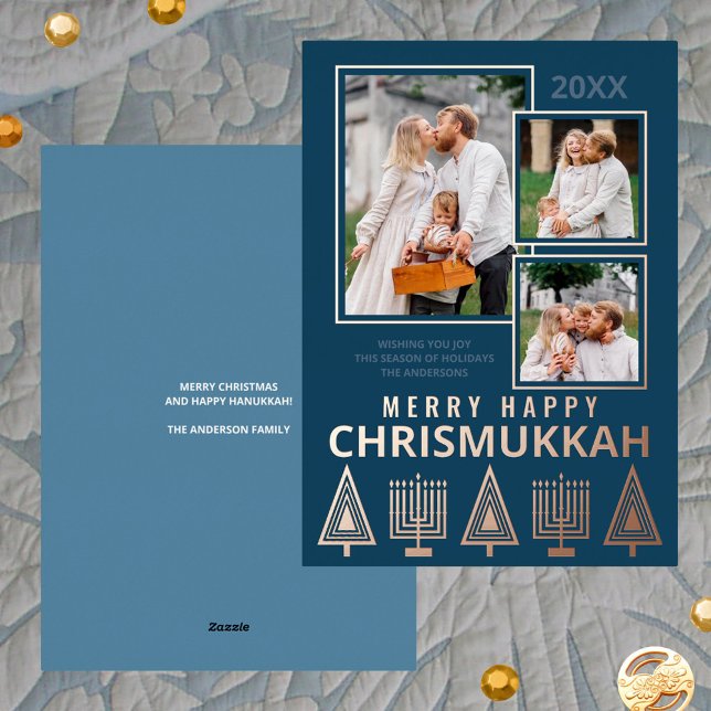 Merry Happy Chrismukkah Chic 3 Photo Rose Gold Foil Holiday Card (Add elegance to your holiday cards with real rose gold foil printing. )
