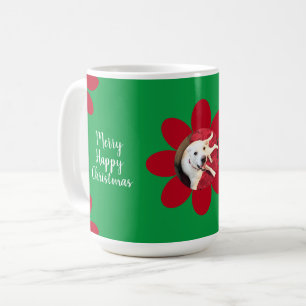 Merry Happy Christmas Cute Dog Red Flowers Green Coffee Mug