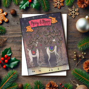 Merry Happy Cute Reindeer Festive Christmas Holiday Card