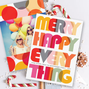 Merry Happy Everything Colourful Typography Photo Holiday Card