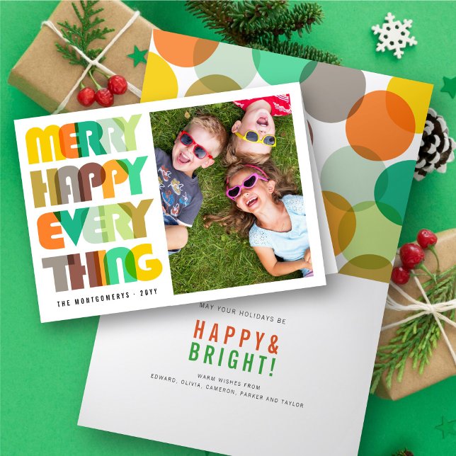 Merry Happy Everything Colourful Typography Photo Holiday Card (Creator Uploaded)