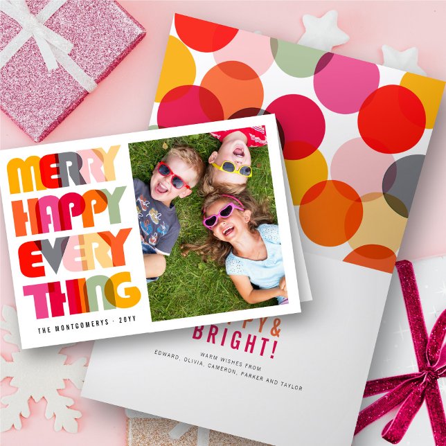 Merry Happy Everything Colourful Typography Photo Holiday Card (Creator Uploaded)