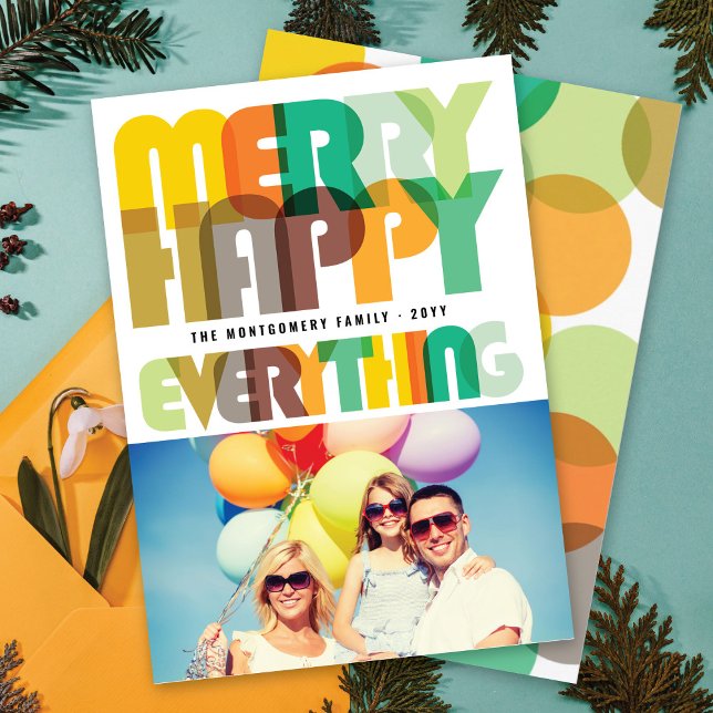 Merry Happy Everything Colourful Typography Photo Holiday Card (Creator Uploaded)