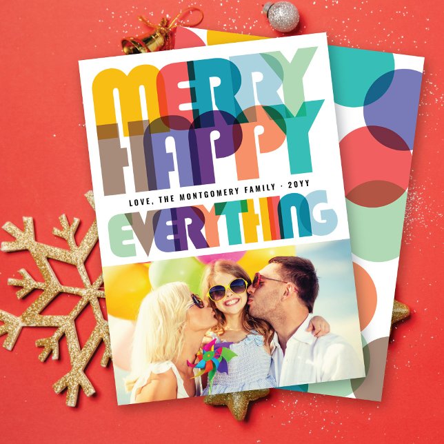 Merry Happy Everything Colourful Typography Photo Holiday Card (Creator Uploaded)