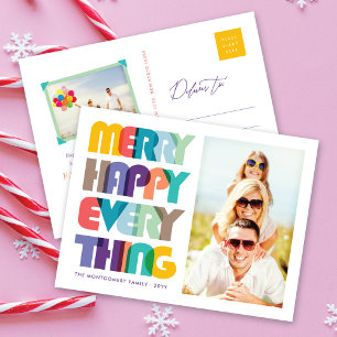 Merry Happy Everything Colourful Typography Photo Holiday Postcard