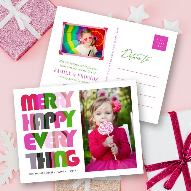 Merry Happy Everything Colourful Typography Photo Holiday Postcard (Creator Uploaded)