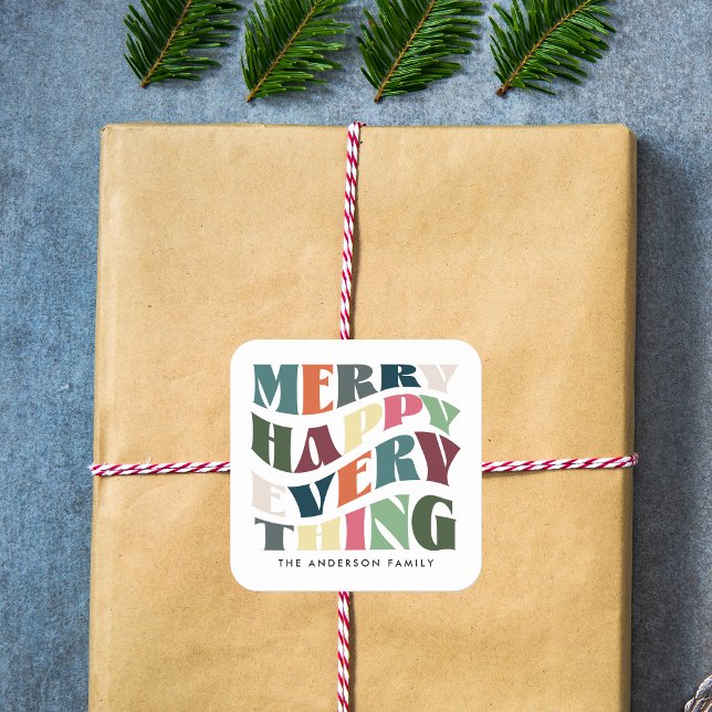 Merry Happy Everything Groovy Holiday Christmas Square Sticker (Creator Uploaded)