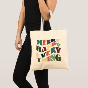 Merry Happy Everything Groovy Holiday Christmas Tote Bag