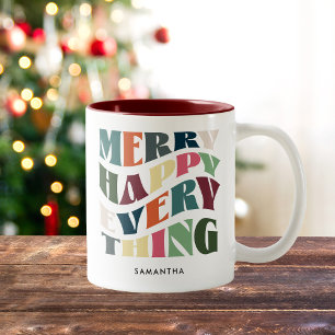 Merry Happy Everything Groovy Holiday Christmas Two-Tone Coffee Mug