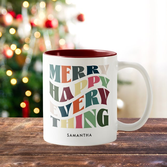 Merry Happy Everything Groovy Holiday Christmas Two-Tone Coffee Mug (Creator Uploaded)