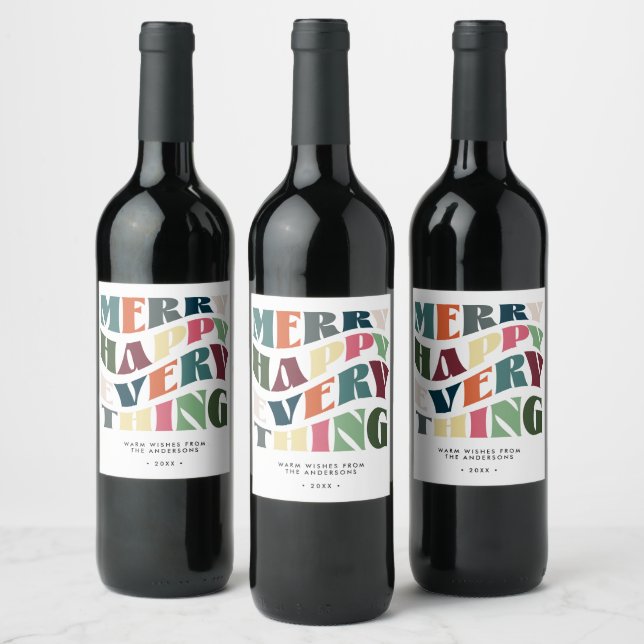 Merry Happy Everything Groovy Holiday Christmas Wine Label (Bottles)