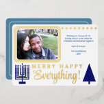 Merry Happy Everything Photo Navy Luxury Gold Foil Holiday Card<br><div class="desc">Add a touch of luxury to your holiday greetings with these real gold foil flat greeting cards featuring your photo and a navy blue Christmas tree and a matching Hanukkah Menorah. Add your photo to the upper left of the design where it will appear with rounded corners and a double...</div>