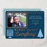 Merry Happy Everything Photo Navy Rose Gold Foil Foil Holiday Card<br><div class="desc">Add a touch of luxury to your holiday greetings with these real rose gold foil flat greeting cards featuring your photo and a pastel blue Christmas tree and a matching Hanukkah Menorah. Add your photo to the upper left of the design where it will appear with rounded corners and a...</div>