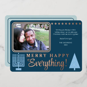 Merry Happy Everything Photo Navy Rose Gold Foil Holiday Card