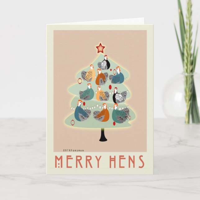 Merry Happy hens Christmas tree cards, stationery Holiday Card (Front)