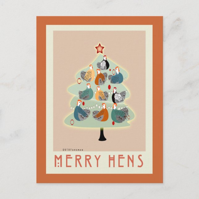 Merry Happy hens Christmas tree cards, stationery Holiday Postcard (Front)