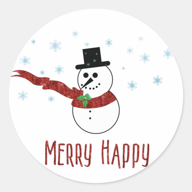 Merry Happy Snowman with Red Scarf Classic Round Sticker (Front)