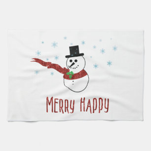 Merry Happy Snowman with Red Scarf Tea Towel